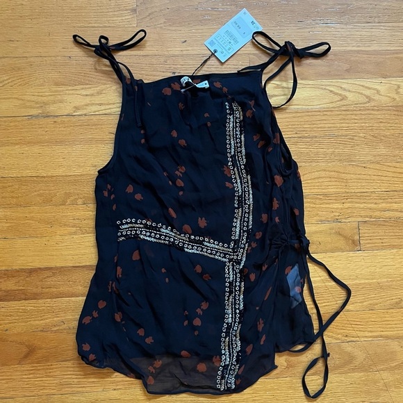 Zara Black Loose Bohemian Beaded Tie Strappy Top NWT A7 - Picture 2 of 6